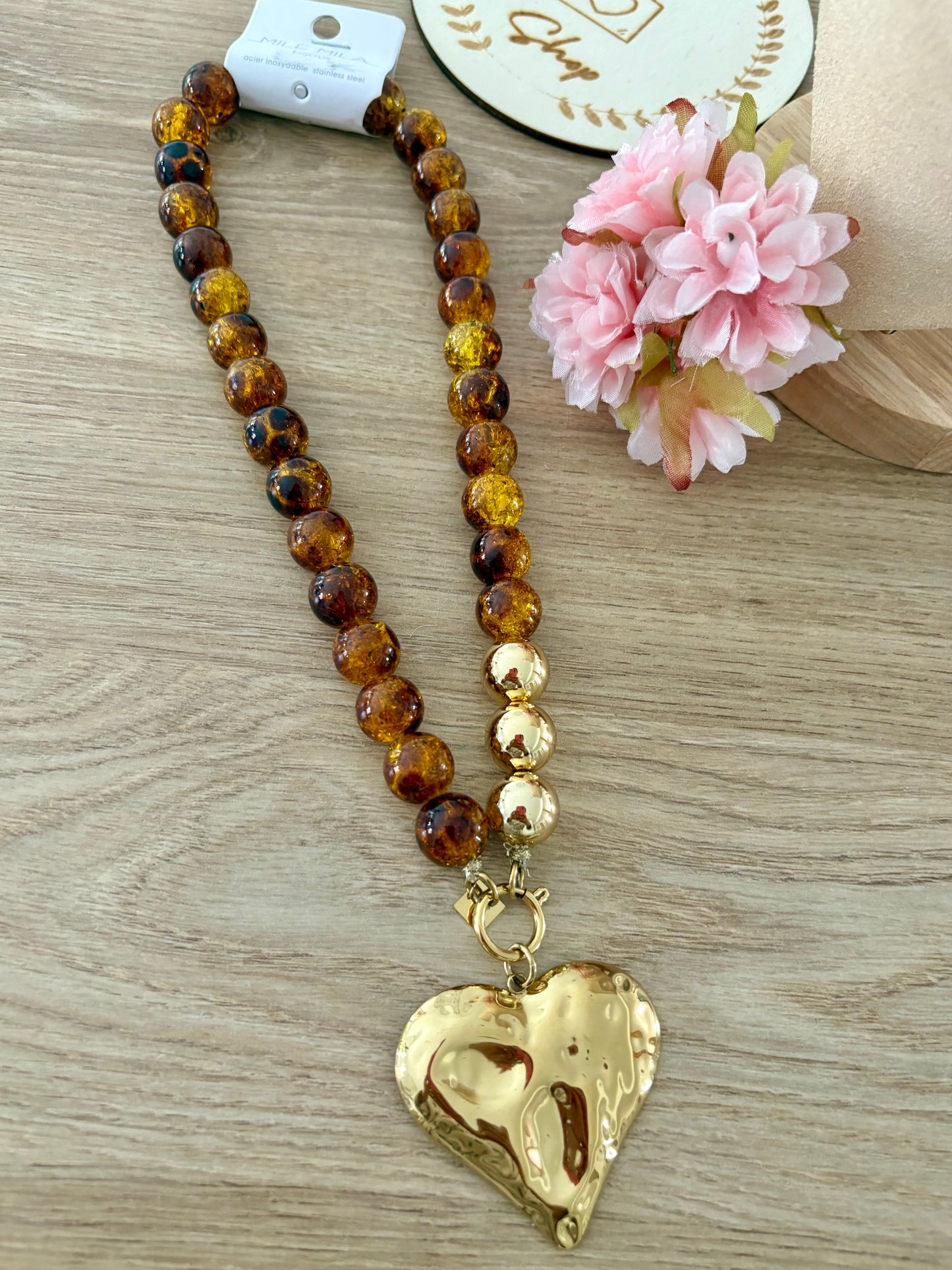 Collier coeur perles ambrées
