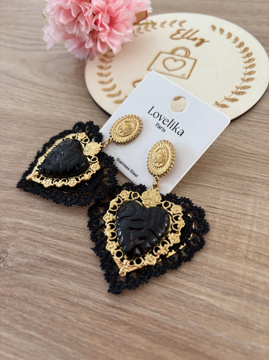 Boucles d’oreilles cœurs dentelle noire