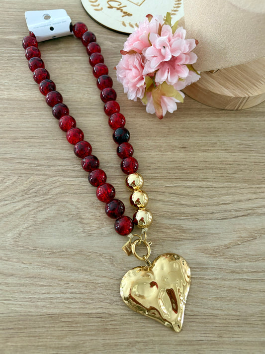 Collier coeur perles rouges