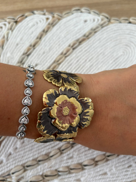 Bracelet manchette fleurs marron chocolat