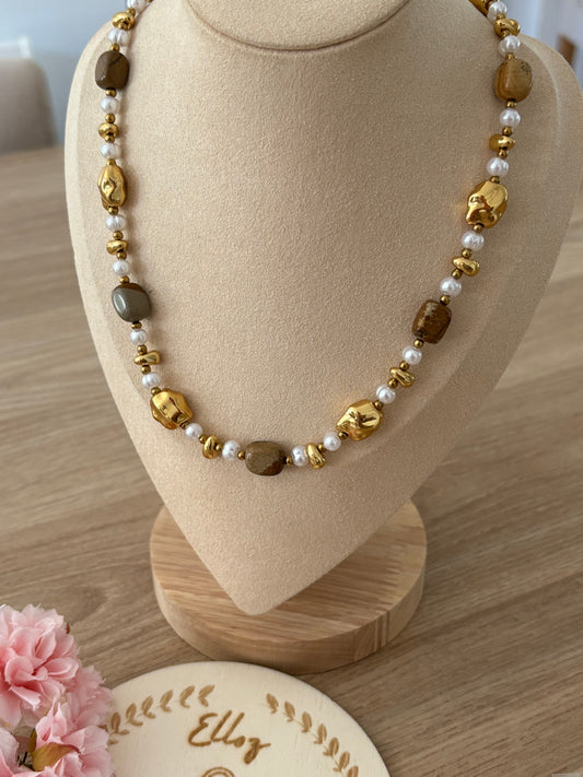 Collier perles dorées et marron