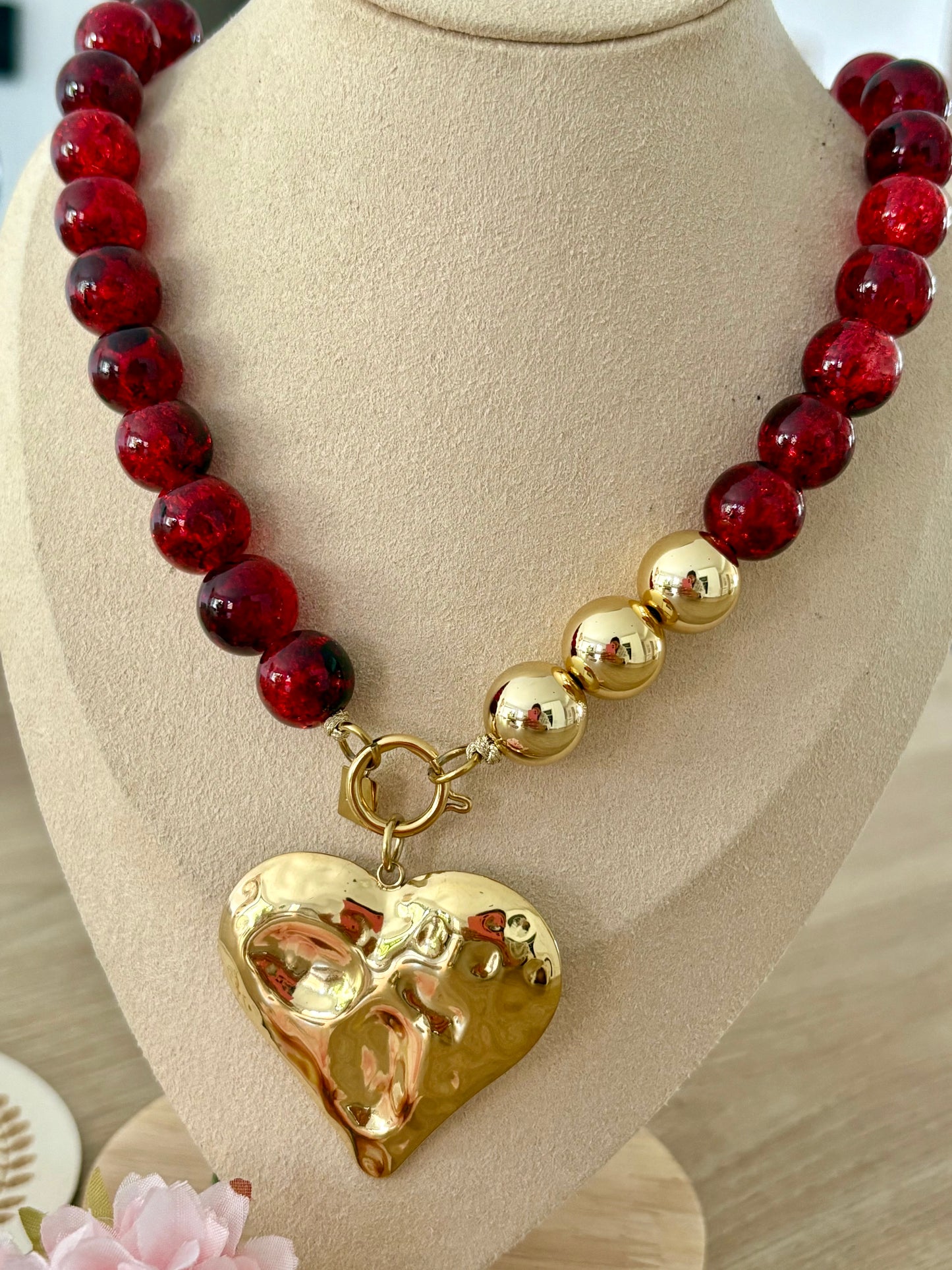 Collier coeur perles rouges